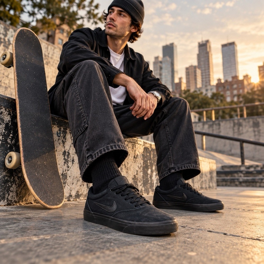 NIKE SB CHARGE Canvas Men's Size 7.5 Triple Black Skateboarding Skate Shoes
